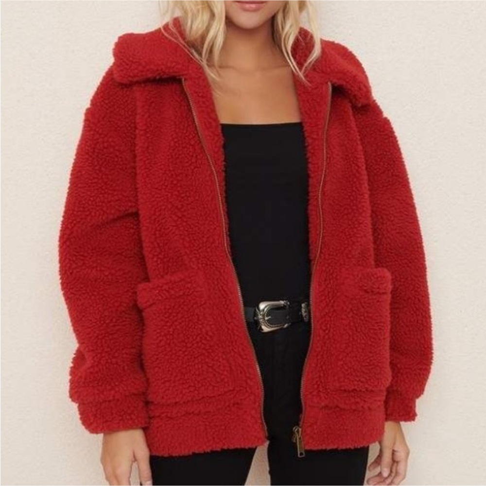 Garage Sherpa Jacket - Oversized Red Fall/Winter Coat (M-L)
